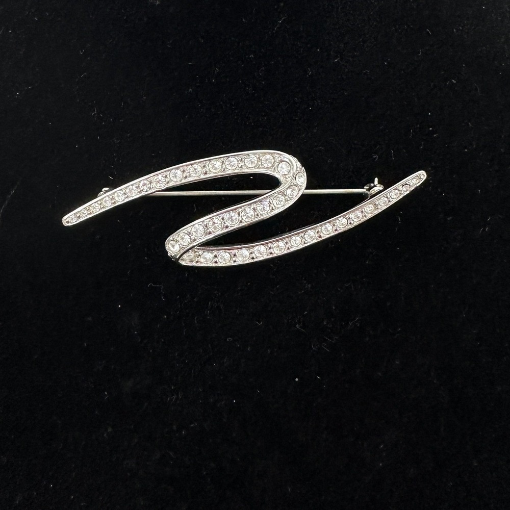 Vintage Signed Monet Rhinestone Abstract Wave Brooch Pin‎ Silver Tone S Curve